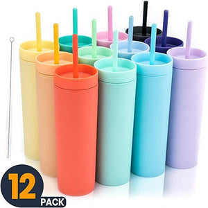 (12 pack) Matte Colored Acrylic Tumblers with Lids and Straws | Skinny, 16oz